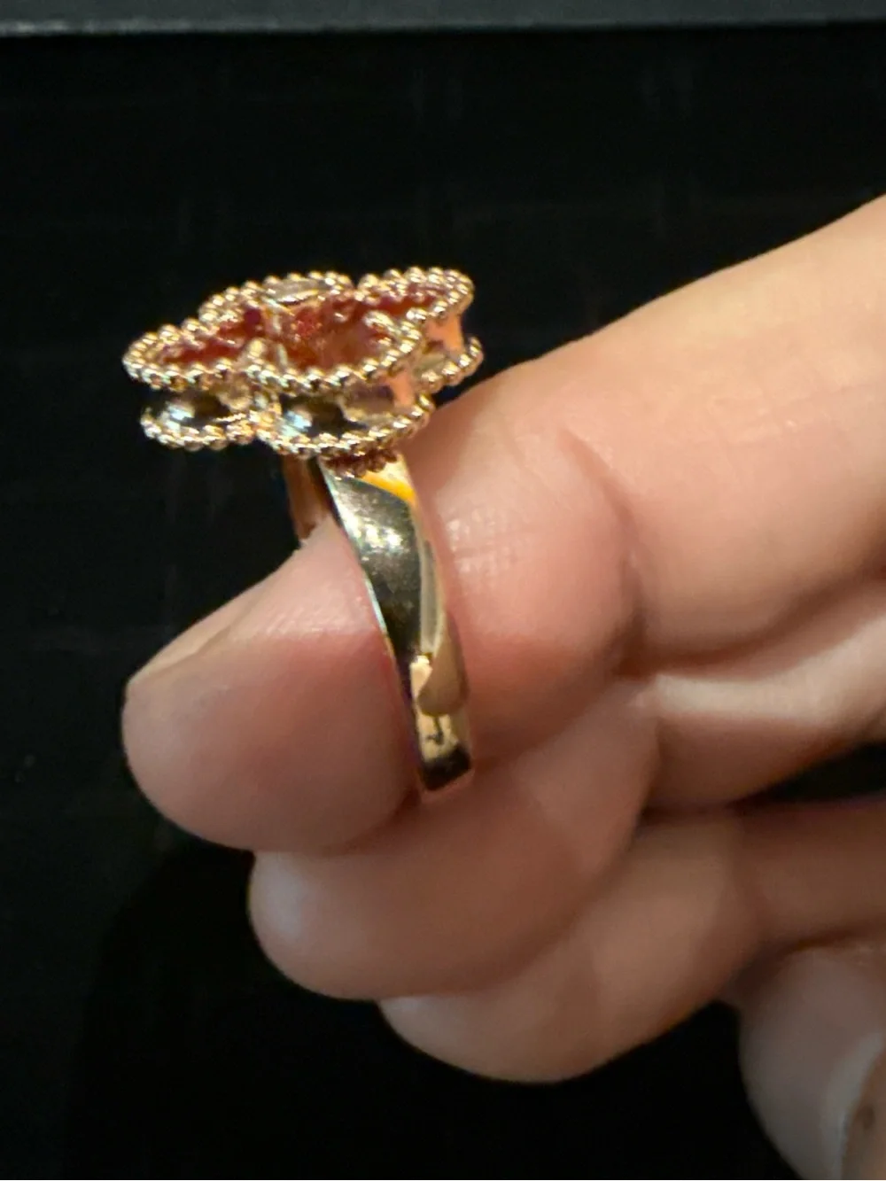 Red Agate Four-Petal Clover Ring with Gold Accents